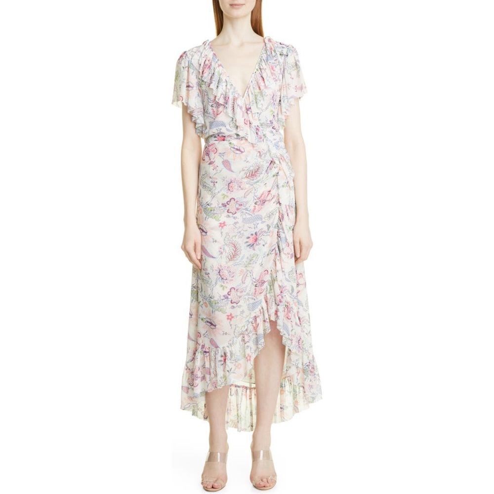 Cinq a Sept Sheilla Ruffled Floral Print High Low V-Neck Midi Dress Size 8